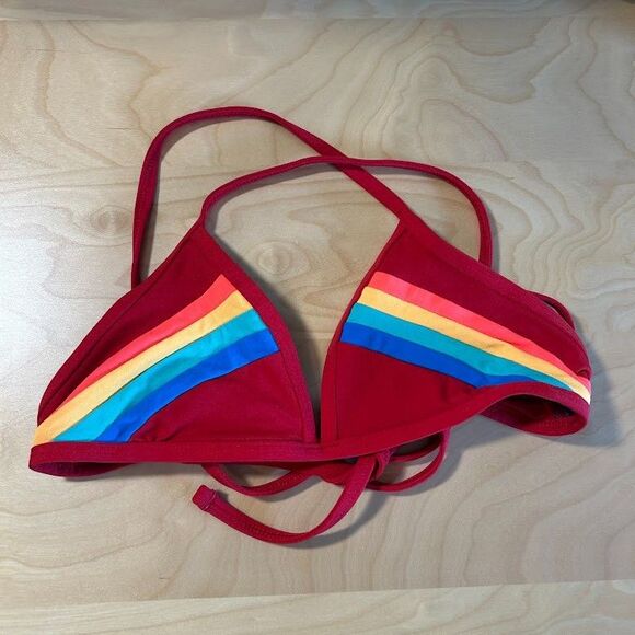 Jolyn Collin Rainbow Stripe Bikini Top L Red Strappy Triangle - Picture 2 of 6